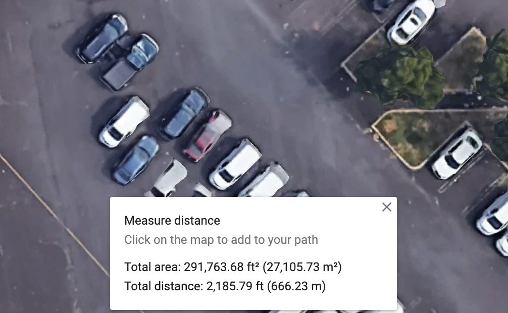 Google Maps showing distance and area of measured area